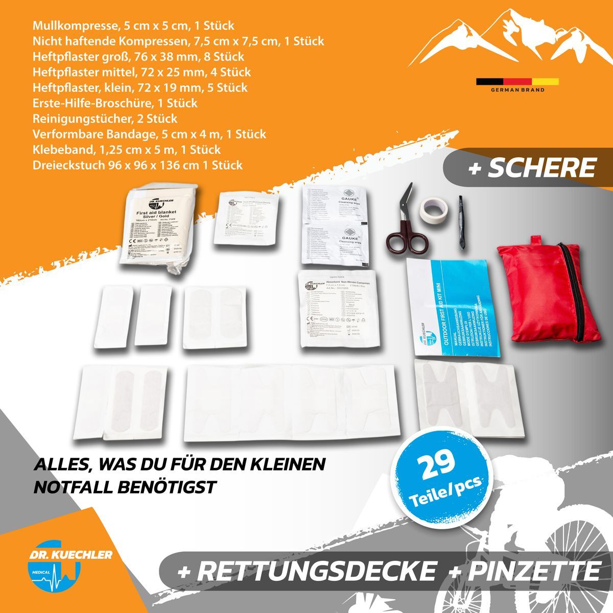 Inhaltsübersicht Erste-Hilfe-Set. Verbandmaterial, Schere, Pinzette, Rettungsdecke. Text: „ALLES, WAS DU FÜR DEN KLEINEN NOTFALL BENÖTIGST“.