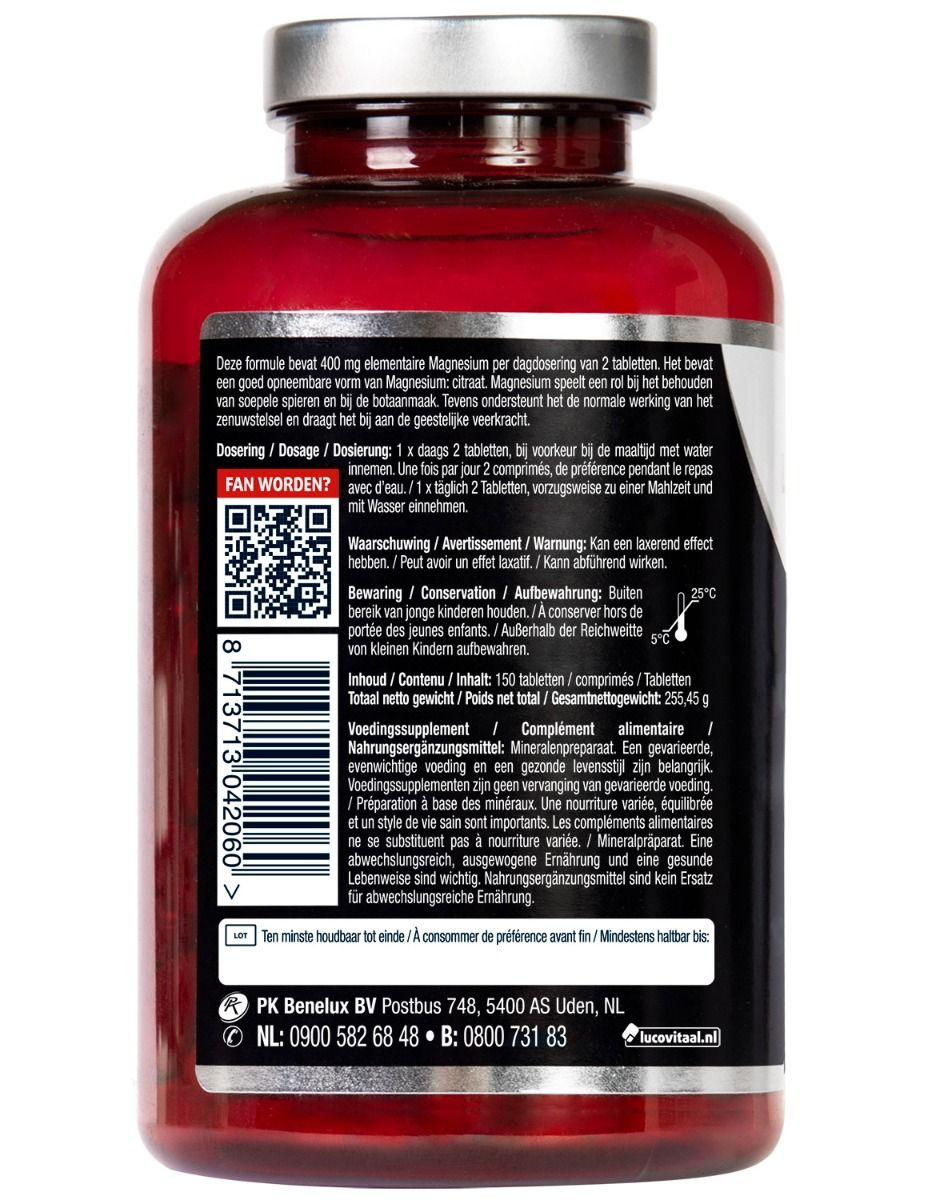 Rückseite einer Flasche mit Magnesiumcitrat-Tabletten, mit Dosierungsanleitung und Warnhinweisen.