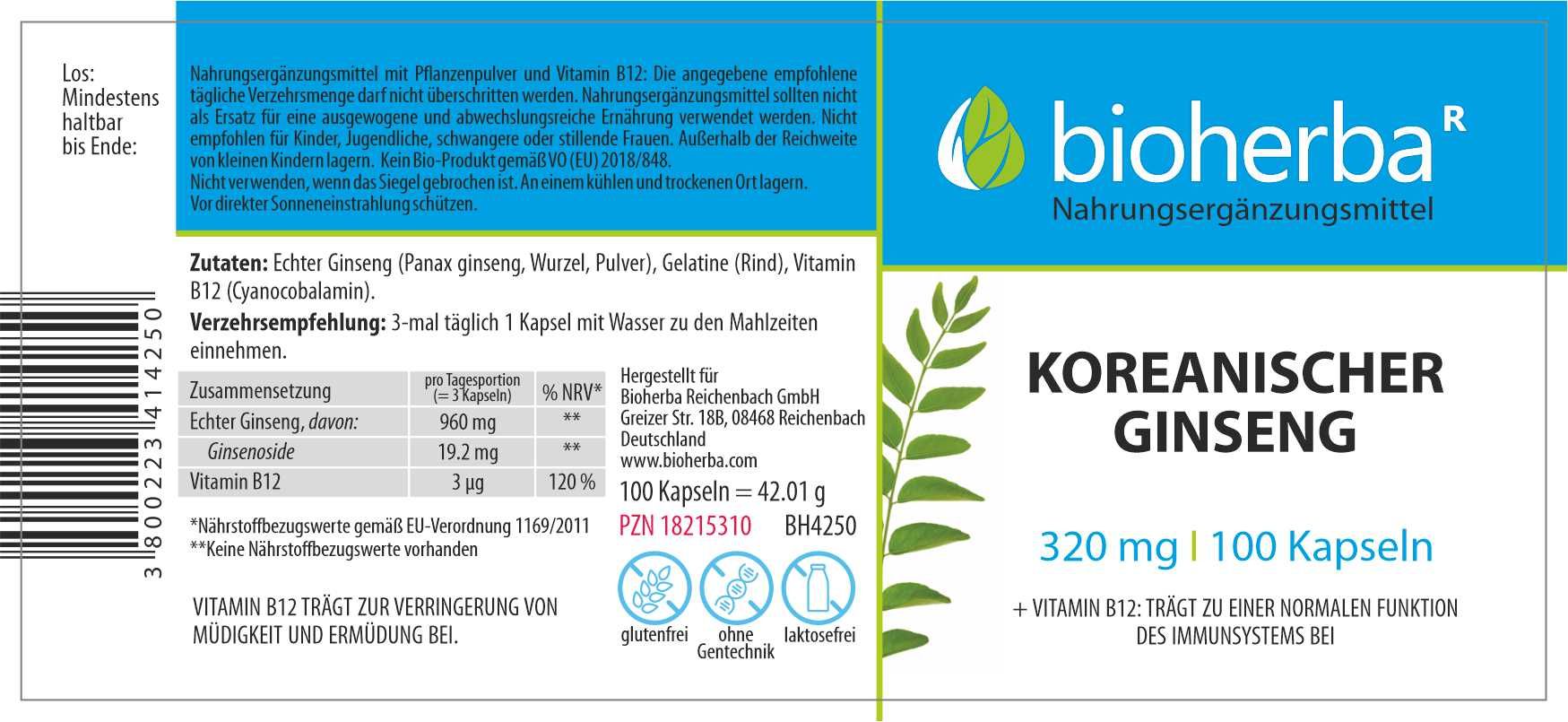 Etikett mit weißem Hintergrund, blauem Streifen und grünem Blatt. Text: Koreanischer Ginseng, 320 mg, 100 Kapseln.