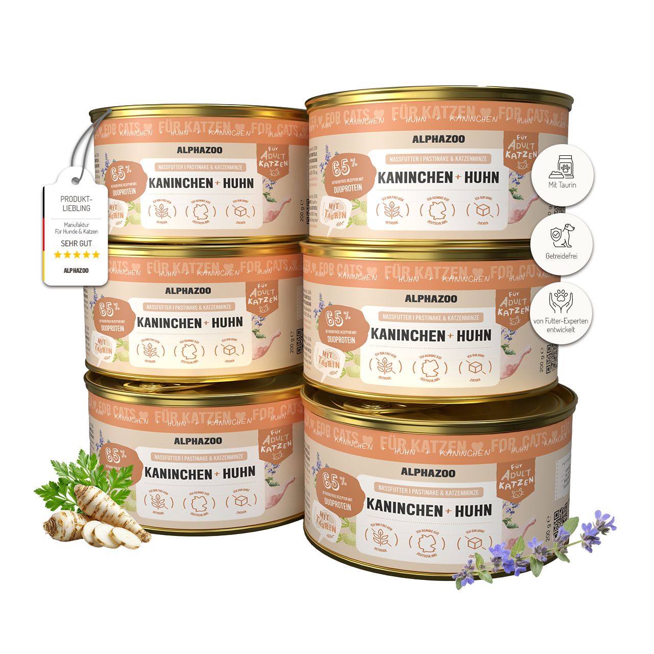 Sechs Dosen Nassfutter für Katzen, Kaninchen & Huhn. Aufschrift: ALPHAZOO. Mit Produkt-Liebling-Auszeichnung.