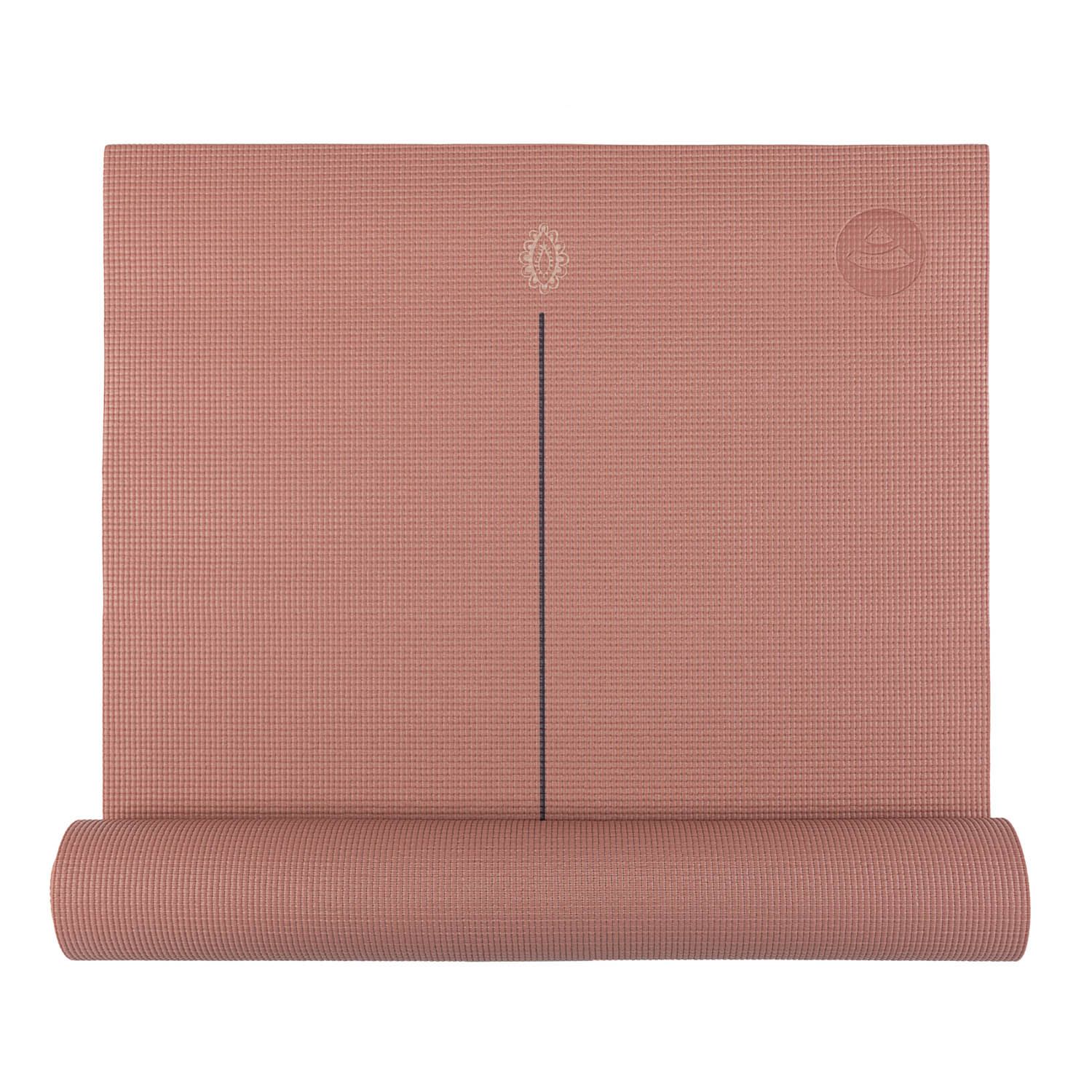 Gerollte Yogamatte, rosa. Mit schwarzer Linie und Logo. Strukturierte Oberfläche.