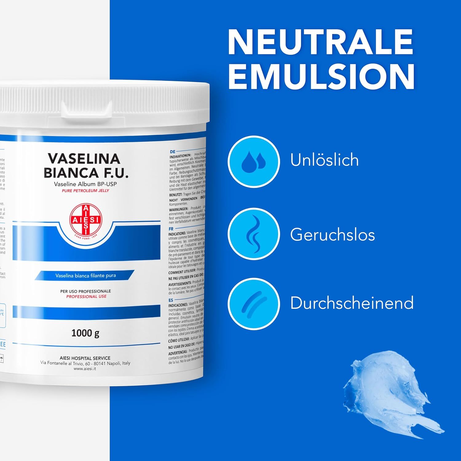 Ein 1000g Behälter mit weißer Vaseline. Text: Vaselina Bianca F.U. BP-USP. Eigenschaften: unlöslich, geruchlos, durchscheinend.