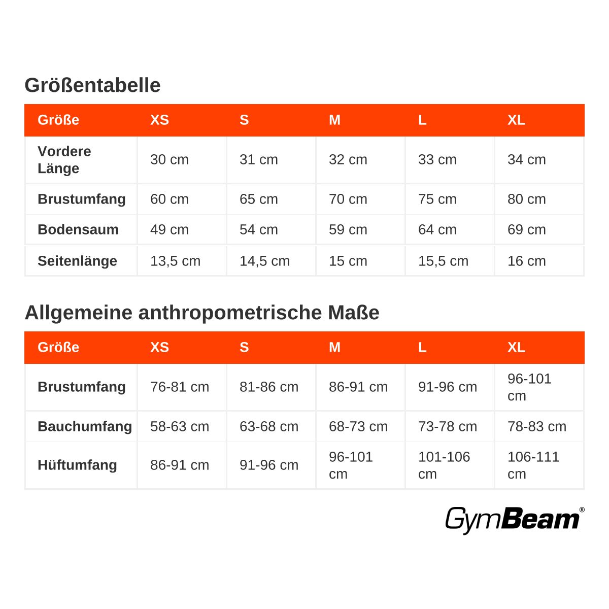 Größentabelle für Damen Sportbekleidung mit Maßen für Brustumfang, Vorderlänge und Saum.
