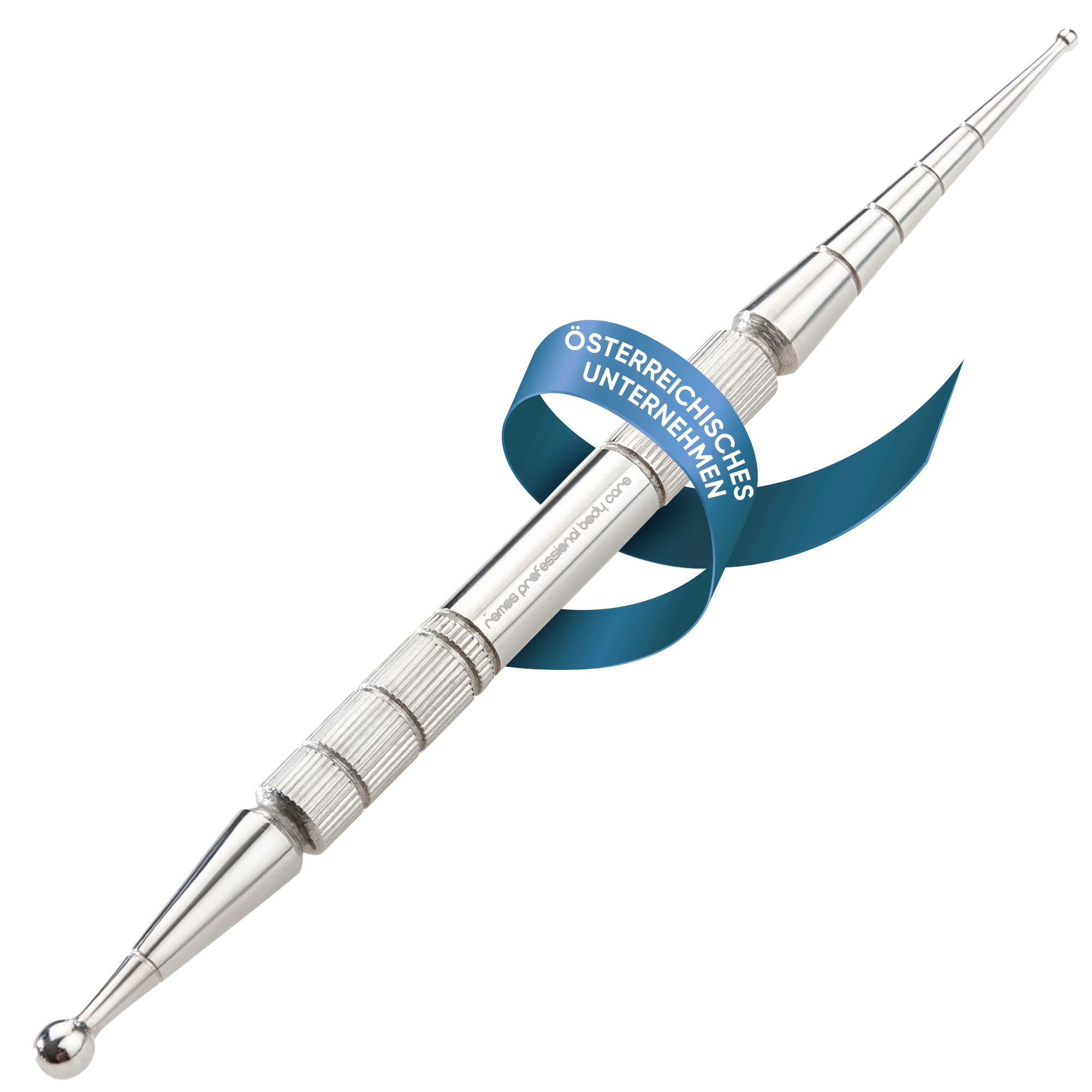 Akupressurstift aus Edelstahl, 13 cm, mit zwei Kugeldurchmessern (2 mm und 4.5 mm).