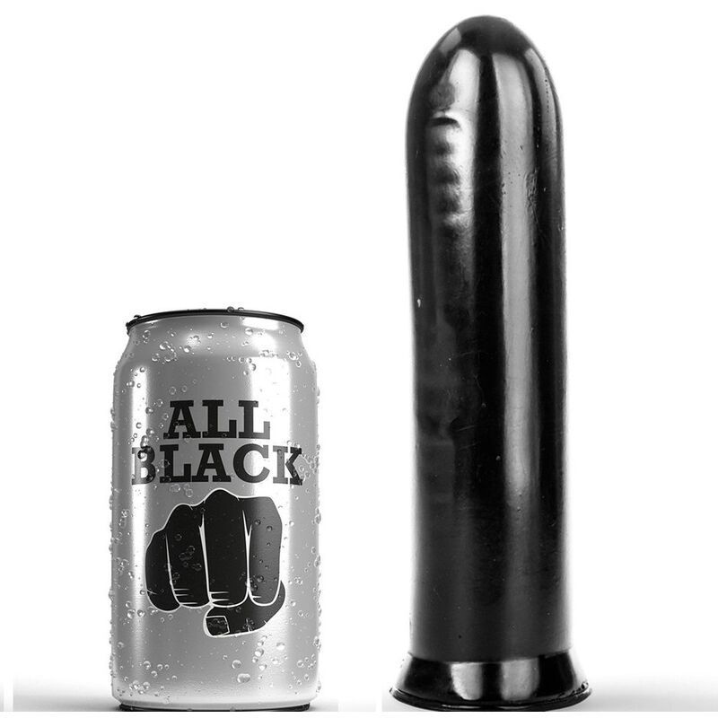 Schwarzer Dildo neben einer Dose mit dem Logo 'ALL BLACK'.