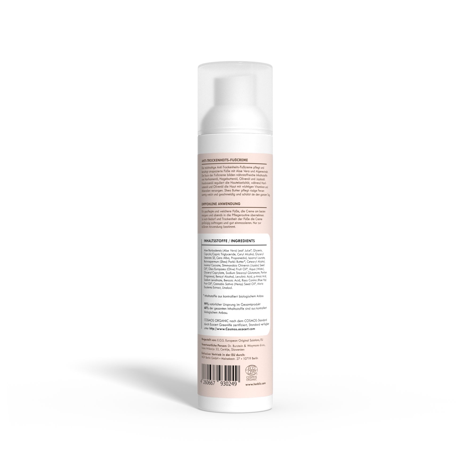 Rückseite der HERBLIZ Fußcreme-Flasche. Text mit Inhaltsstoffen und Herstellerinformationen. Zertifizierungslogo und Barcode.