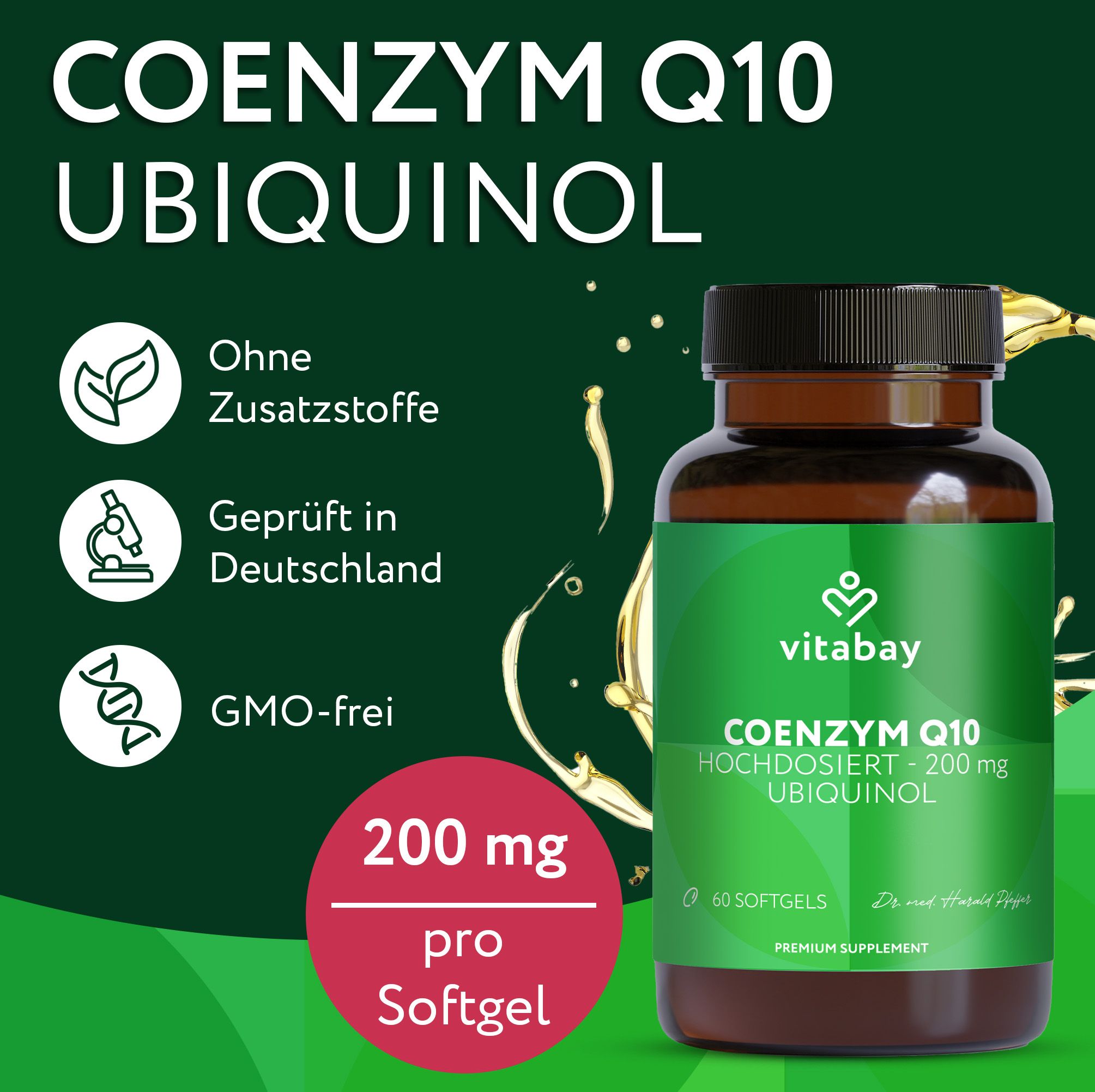 Vitabay Coenzym Q10 Ubiquinol, 200mg pro Softgel, ohne Zusatzstoffe, geprüft.