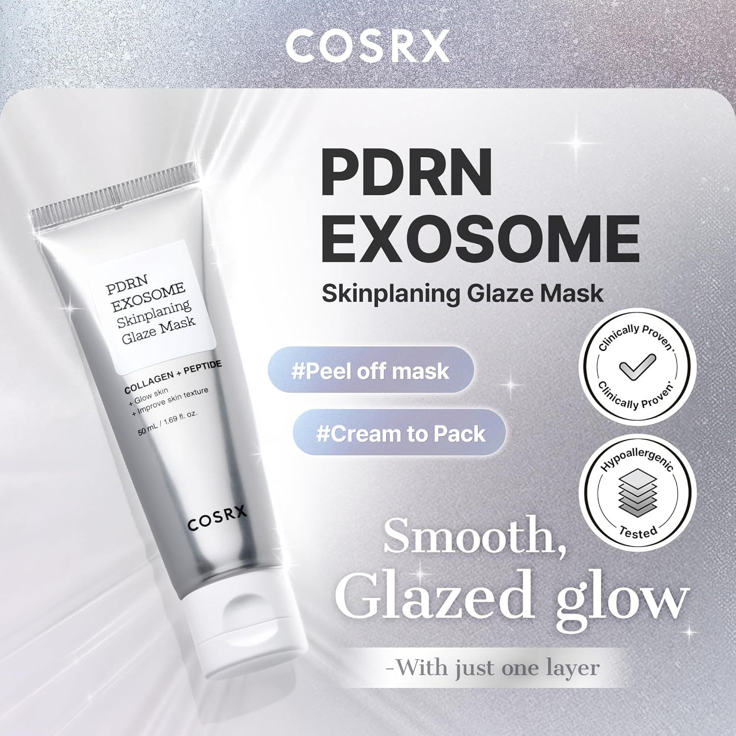 PDRN Exosome Skinplaning Glaze Mask Tube mit COSRX Logo. Klinisch geprüft, hypoallergen.