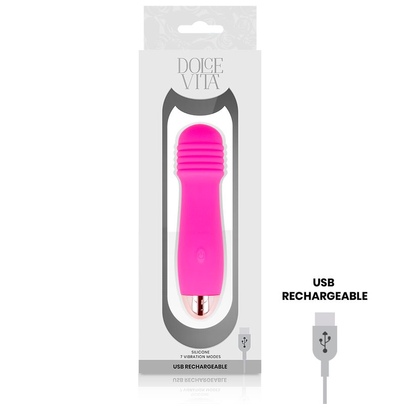 Pinkfarbener Vibrator in Verpackung. Verpackung mit Produktabbildung, Text und USB-Ladekabel.