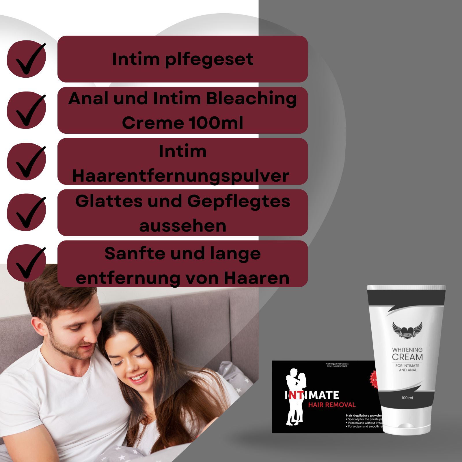 Intim-Pflegeset. Creme, Haarentfernungspulver. Aufmachung mit Text. Intim-Bleaching. Sanfte Haarentfernung.