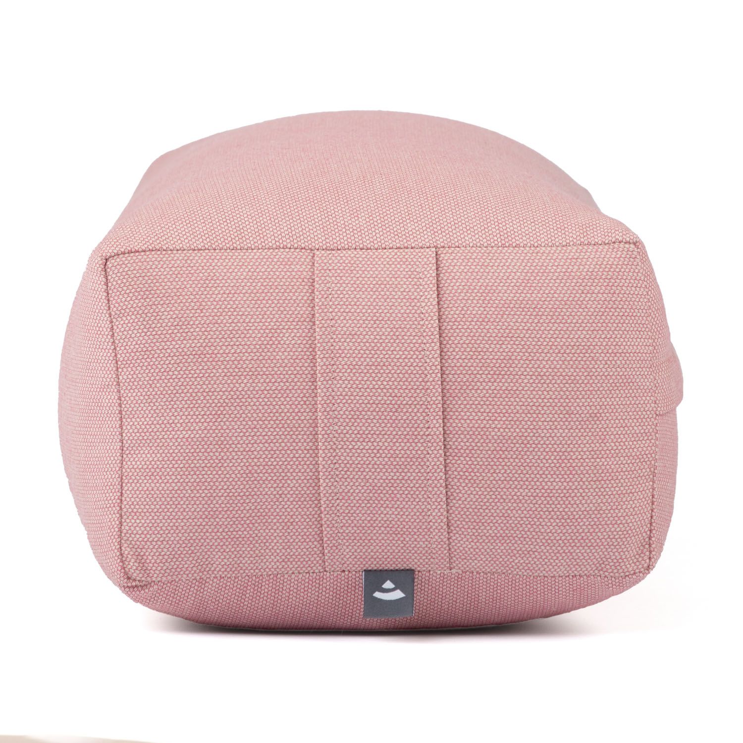 Rosa Yoga-Bolster. Dobby-Gewebe. Logo-Etikett. Rückansicht.