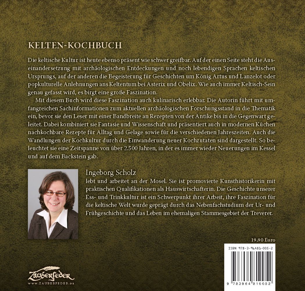 Rückseite des Buches "Kelten-Kochbuch". Text, Foto der Autorin Ingeborg Scholz, Preis, ISBN-Code, Logo.