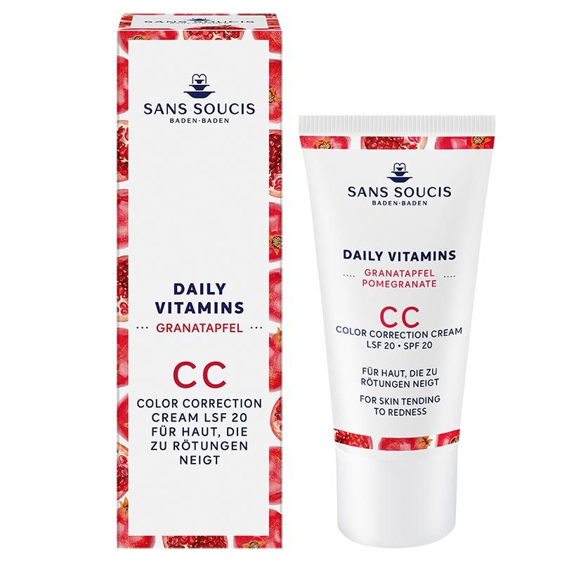 Weiße Tube und Karton mit Produktnamen und Logo. Aufschrift: Daily Vitamins Granatapfel CC Color Correction Cream LSF 20. Für Haut, die zu Rötungen neigt.