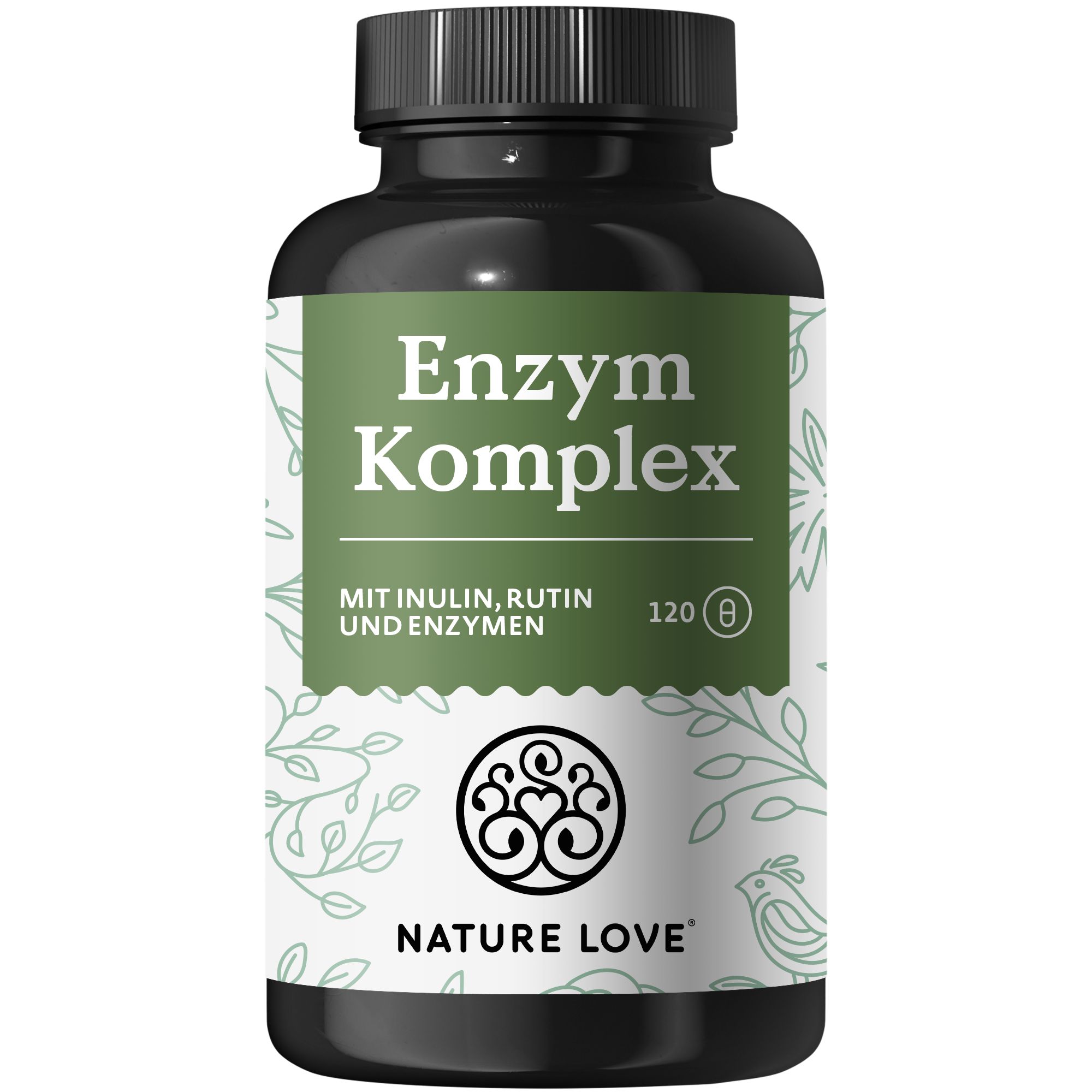 Schwarze Flasche mit grünem Etikett. Aufschrift: Enzym Komplex, 120 Kapseln. Logo und Schriftzug NATURE LOVE®.