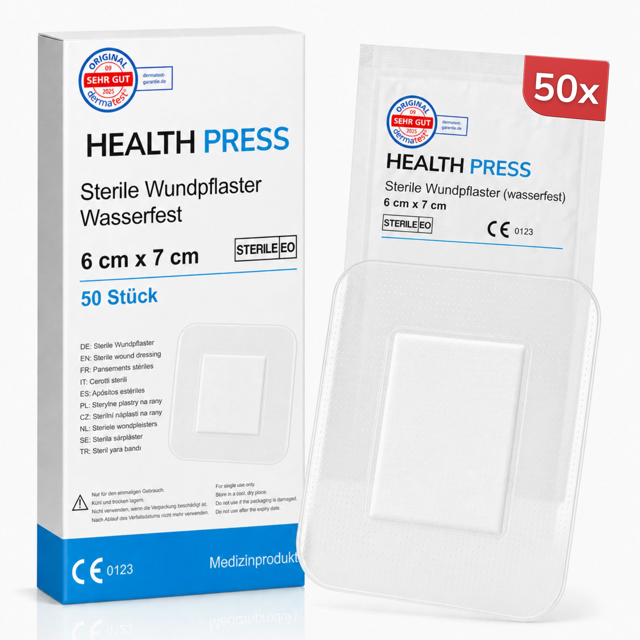 Verpackung und einzelnes Pflaster: Health Press sterile wasserfeste Wundpflaster, 6x7 cm, 50 Stück.