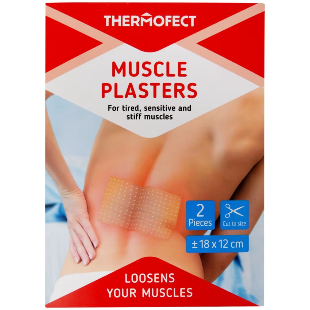 Rote Verpackung mit Produktname Thermofect. Enthält 2 Pflaster, 18 x 12 cm. Text: Muscle Plasters, für müde Muskeln. Bild einer Person.