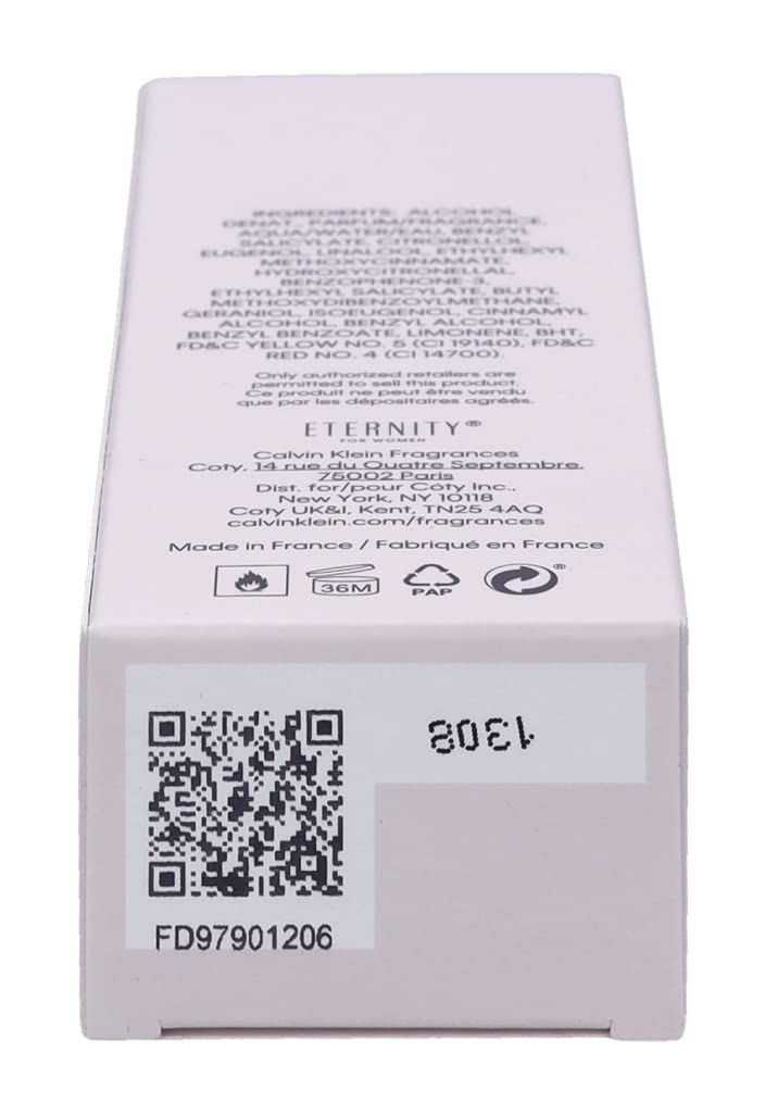 Verpackung. Aufschrift: Eternity, Calvin Klein Fragrances. Inhaltsstoffe, Adresse, QR-Code, Symbole.