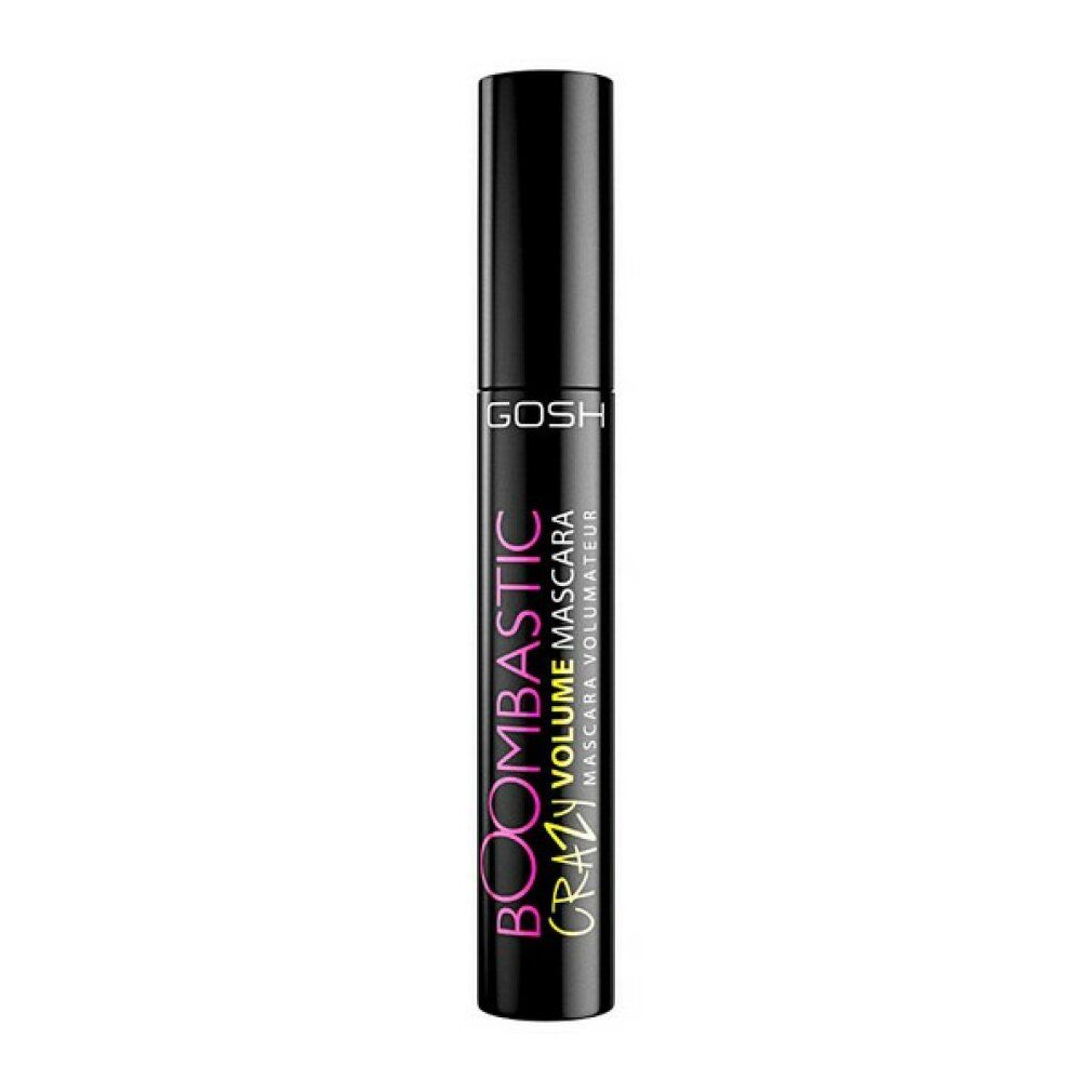 Schwarze Mascaratube mit Schriftzug GOSH, BOOMBASTIC CRAZY VOLUME MASCARA. Schwarzer Deckel. Weißer Hintergrund.