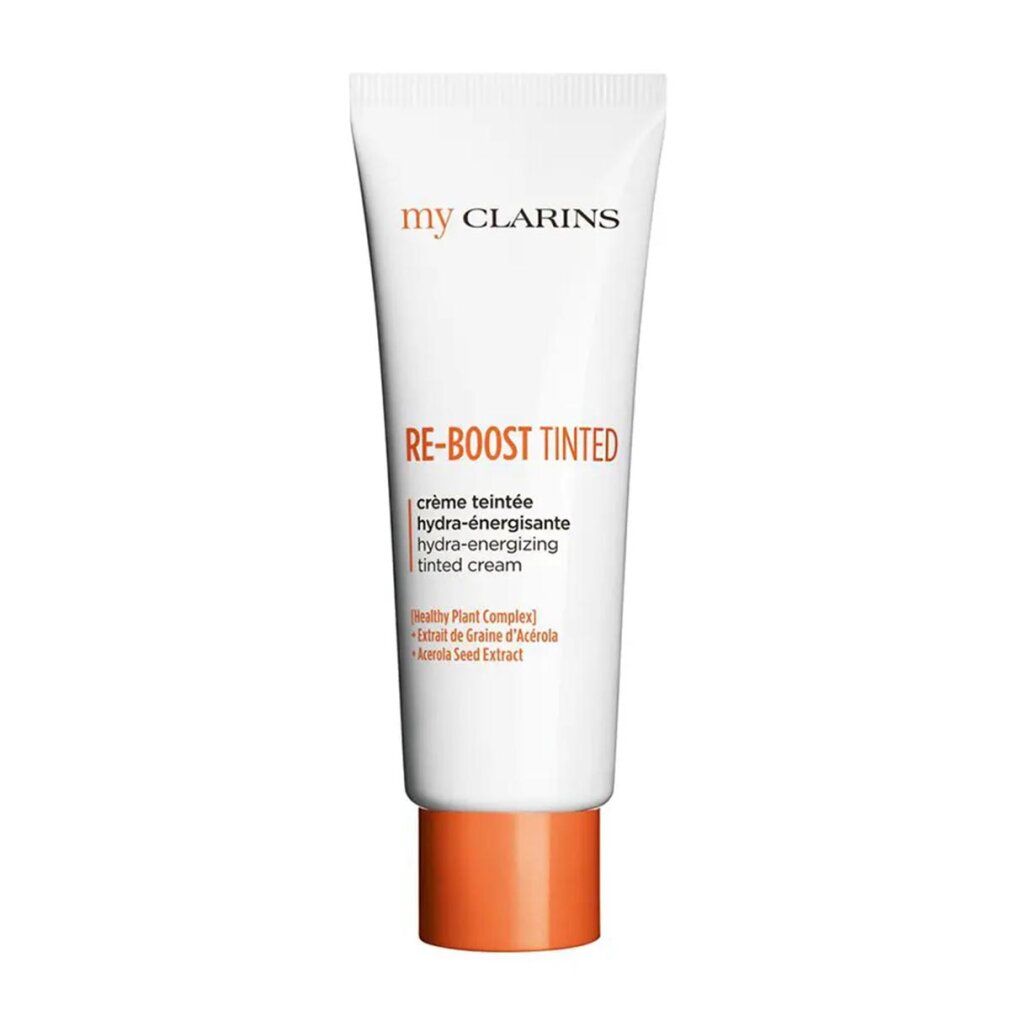 Weiße Tube mit orangefarbenem Verschluss. Aufschrift: My Clarins, RE-BOOST TINTED, hydra-energissante, tinted cream.