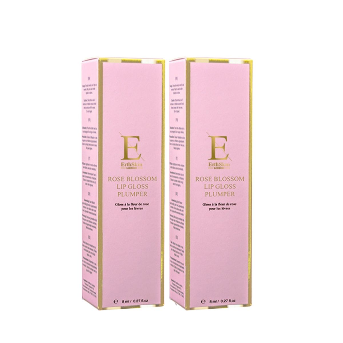 Zwei rosa Verpackungen mit goldfarbenen Akzenten. Auf jeder steht "ErthSkin London Rose Blossom Lip Gloss Plumper".