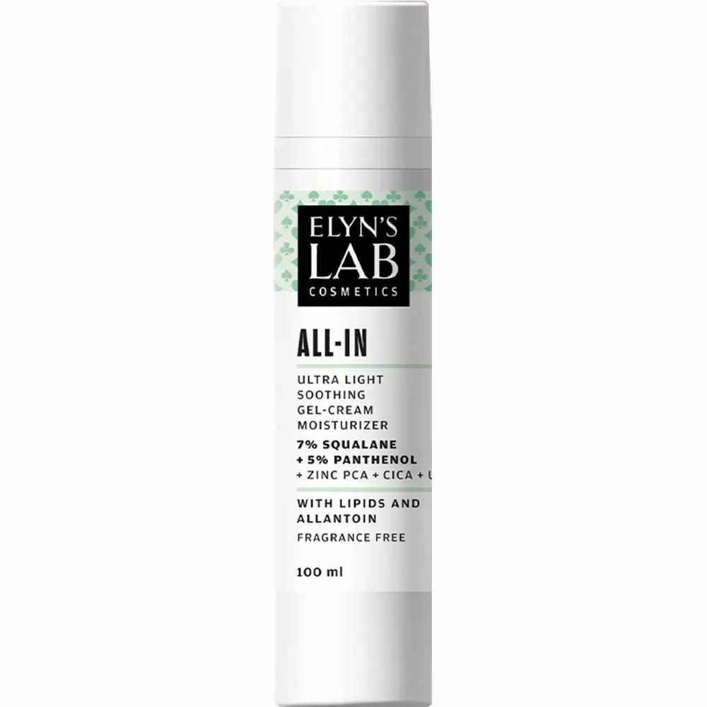 Weiße Flasche mit grünem Etikett. Aufschrift: Elyn's Lab, ALL-IN, feuchtigkeitsspendende Gesichtscreme. 100 ml.