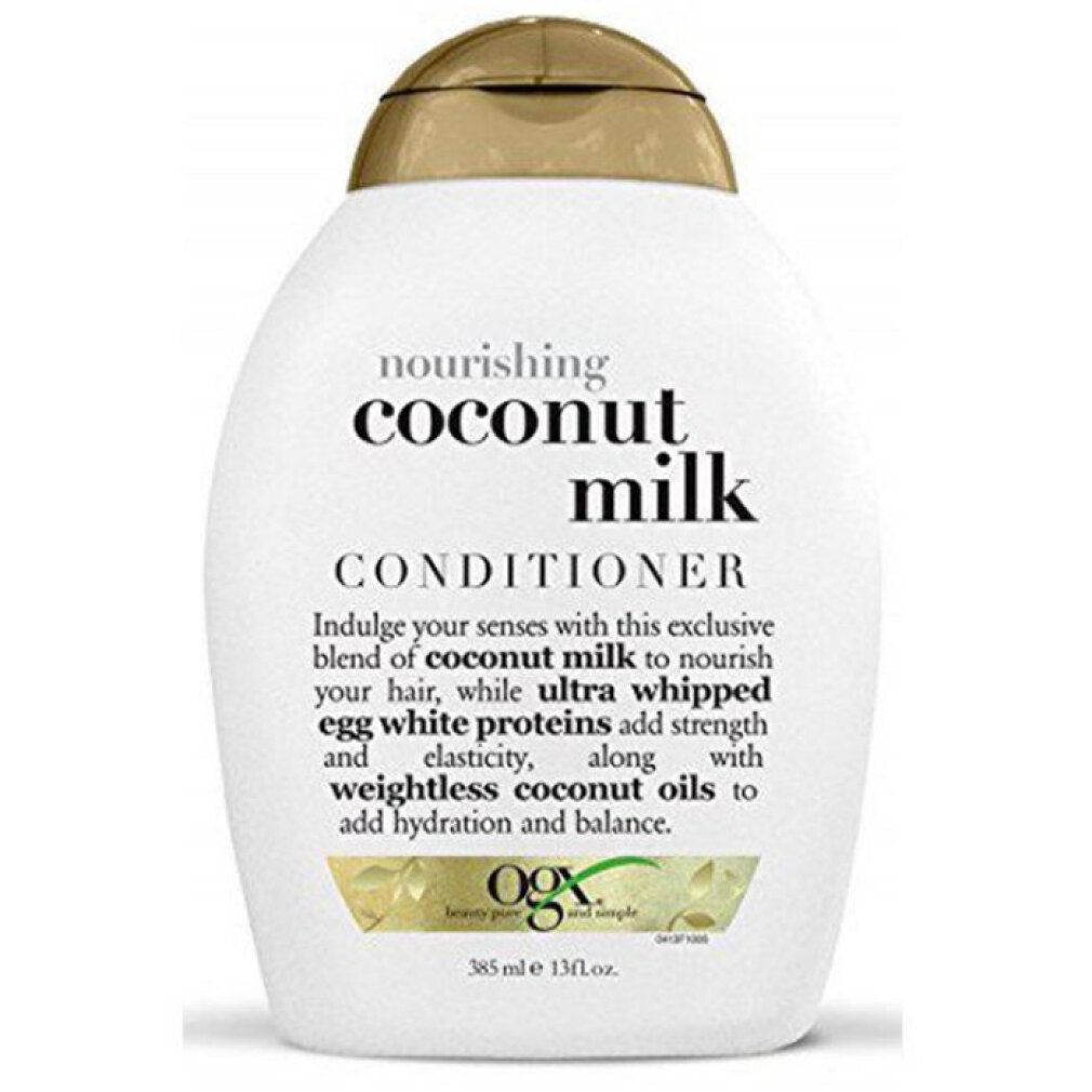 Weiße Flasche mit goldfarbenem Deckel. Aufschrift: "coconut milk CONDITIONER". Enthält 385 ml. Marke: OGX.