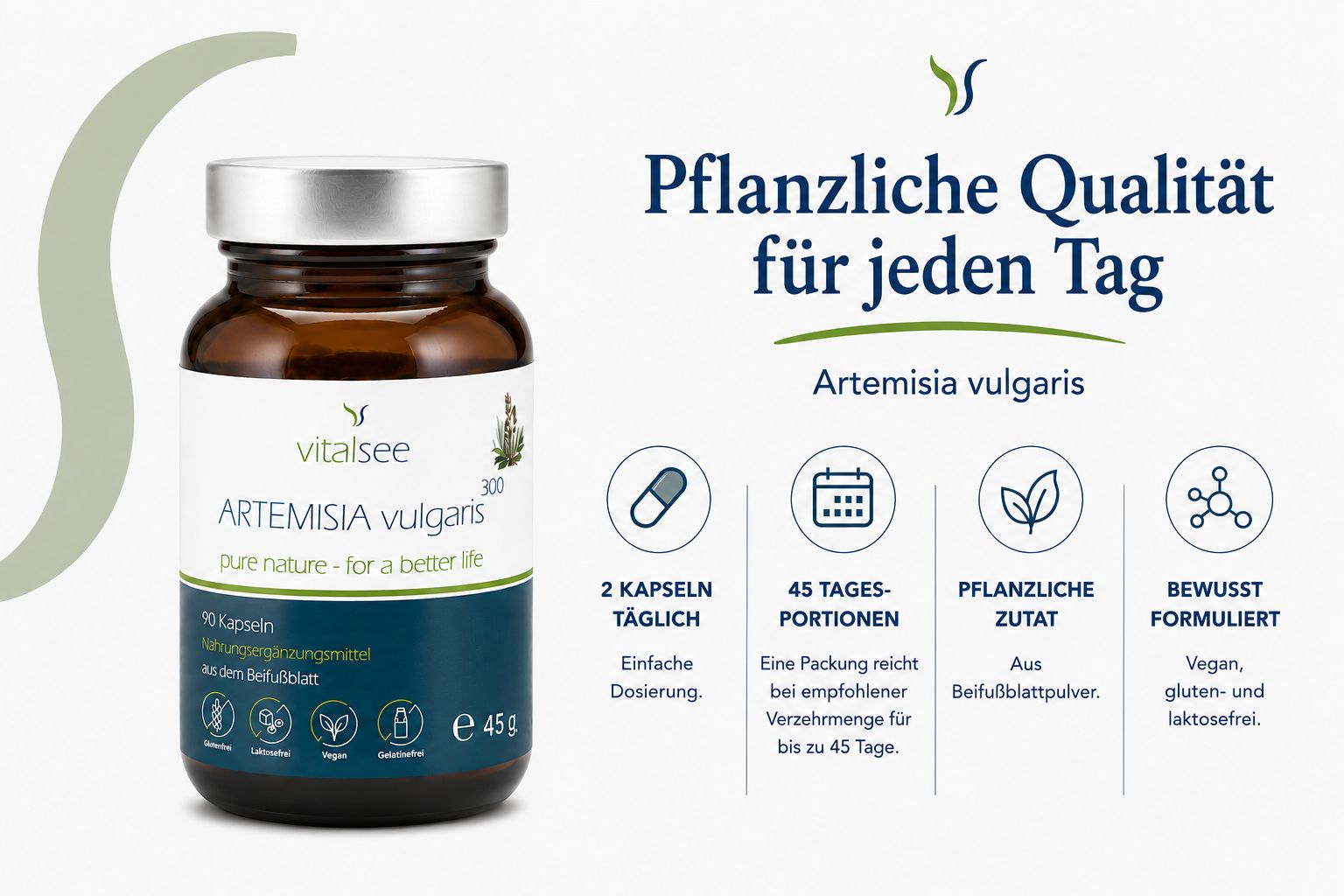 Flasche 'ARTEMISIA vulgaris' neben Icons für tägliche Einnahme, 45 Tagesportionen, pflanzliche Zutat, vegan.