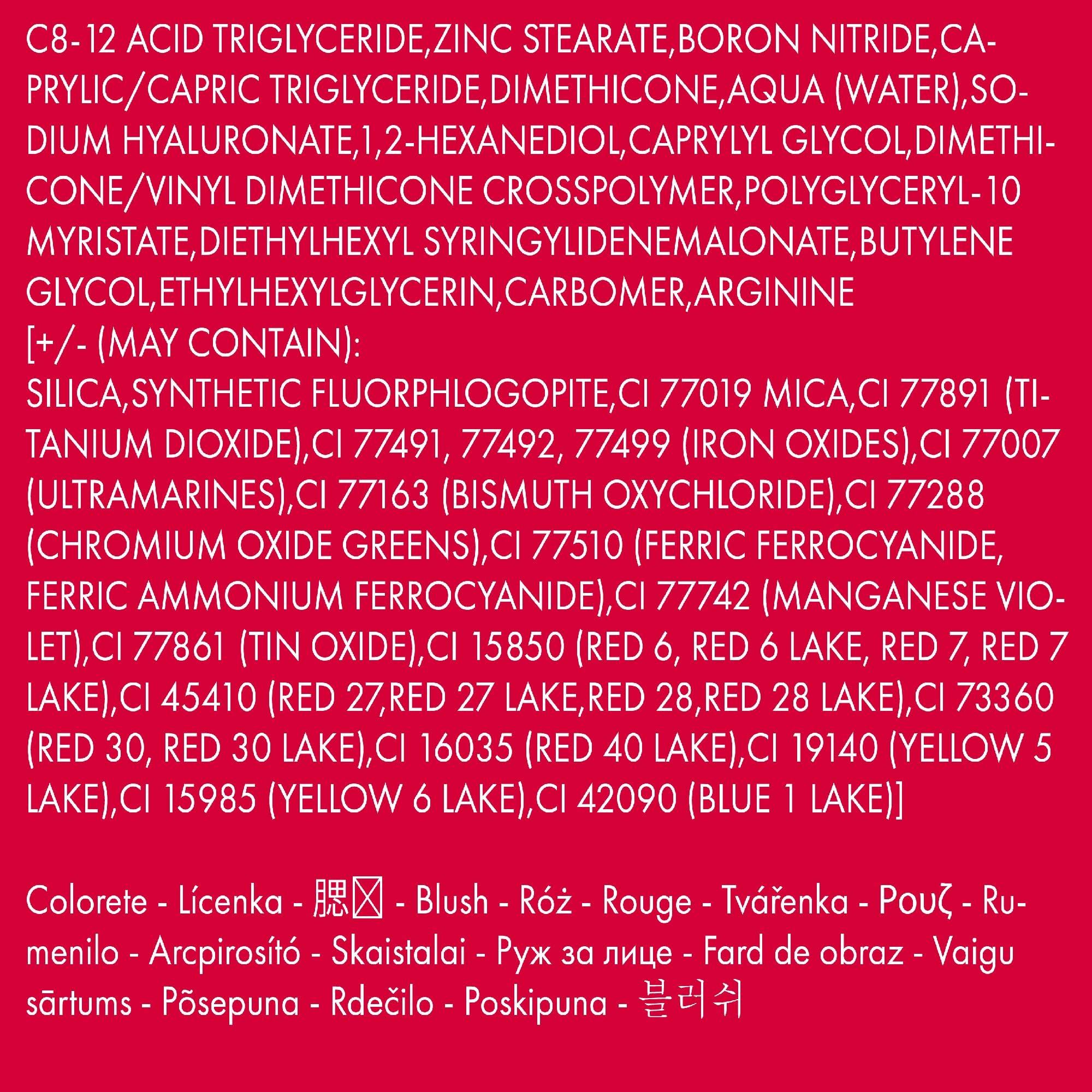 Text mit Inhaltsstoffen und Übersetzungen für "Blush" in verschiedenen Sprachen. Keine Produktabbildung.