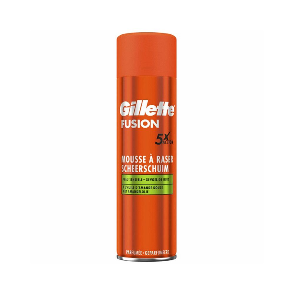 Rasiererschaum-Dose, orangefarben. Aufschrift: Gillette Fusion, 5x Action, Mousse à raser, für empfindliche Haut, mit Mandelöl.