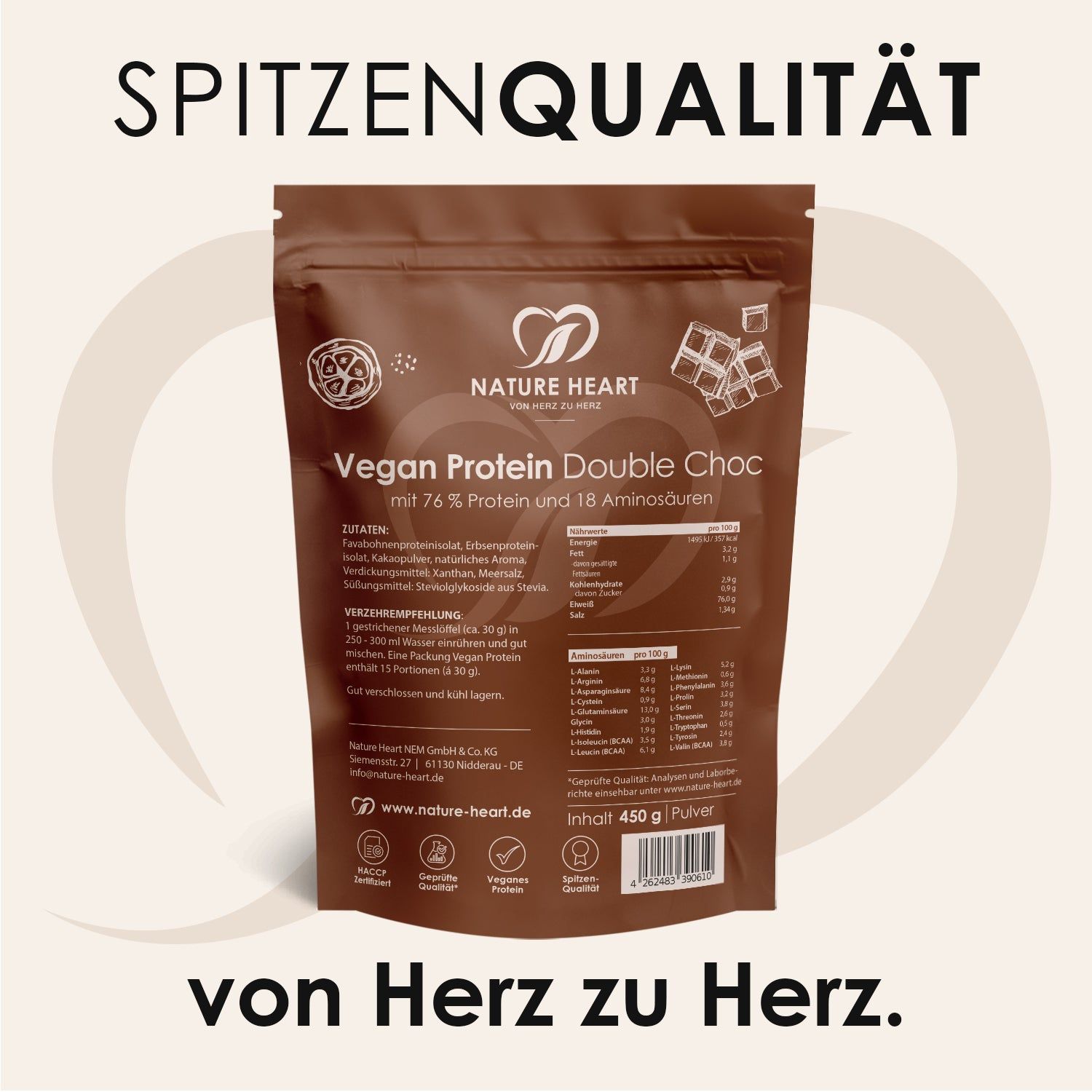 Rückseite des Nature Heart Vegan Protein Double Choc Beutels mit Nährwertangaben und Siegeln.