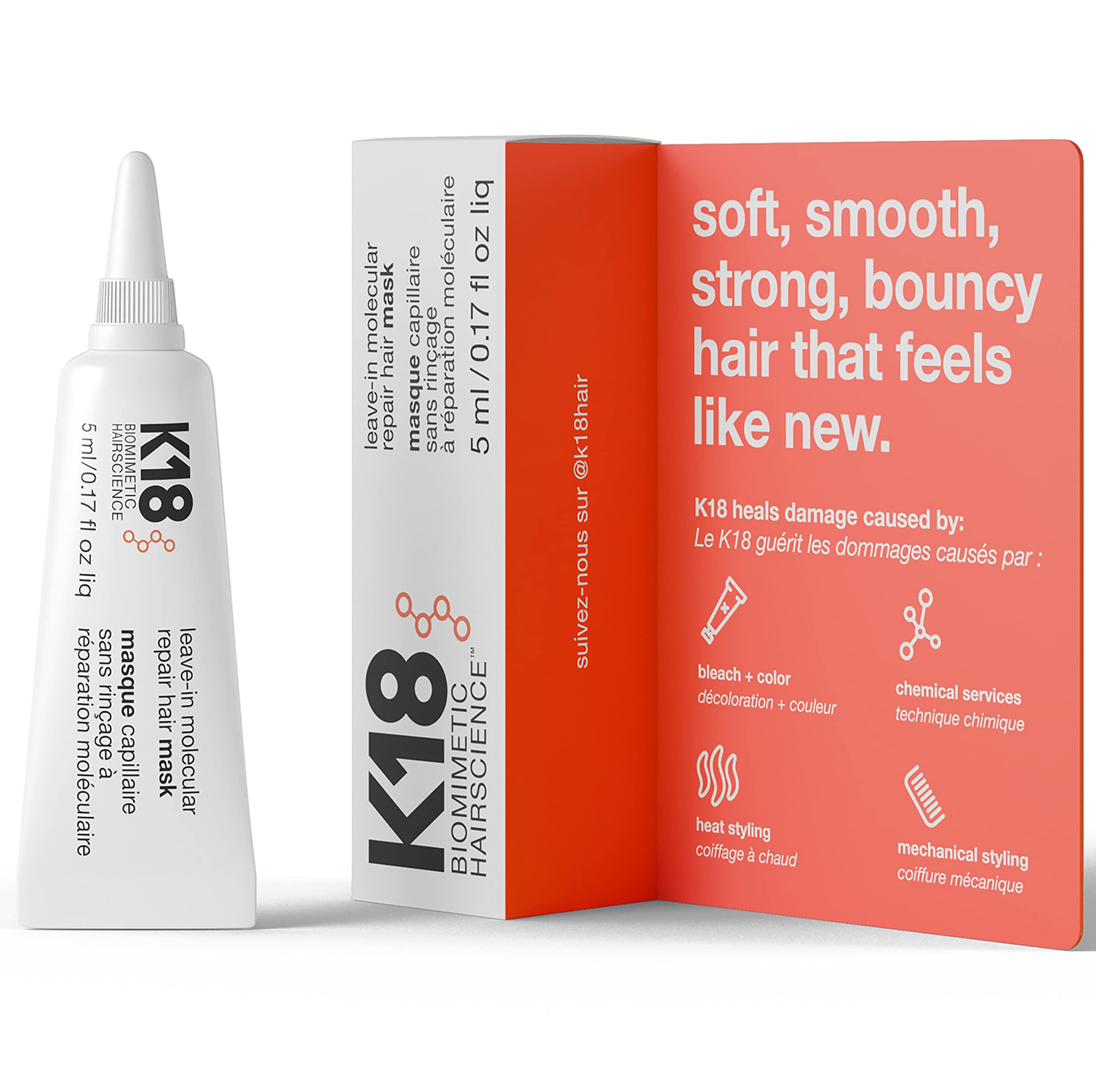 K18 Leave-In Molecular Repair Hair Mask Tube und Broschüre. Text: Weiches, glattes, starkes, federndes Haar.