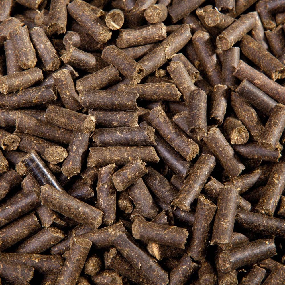 Braune Pellets, zylindrisch, lose angeordnet. Nahaufnahme, Detailansicht.