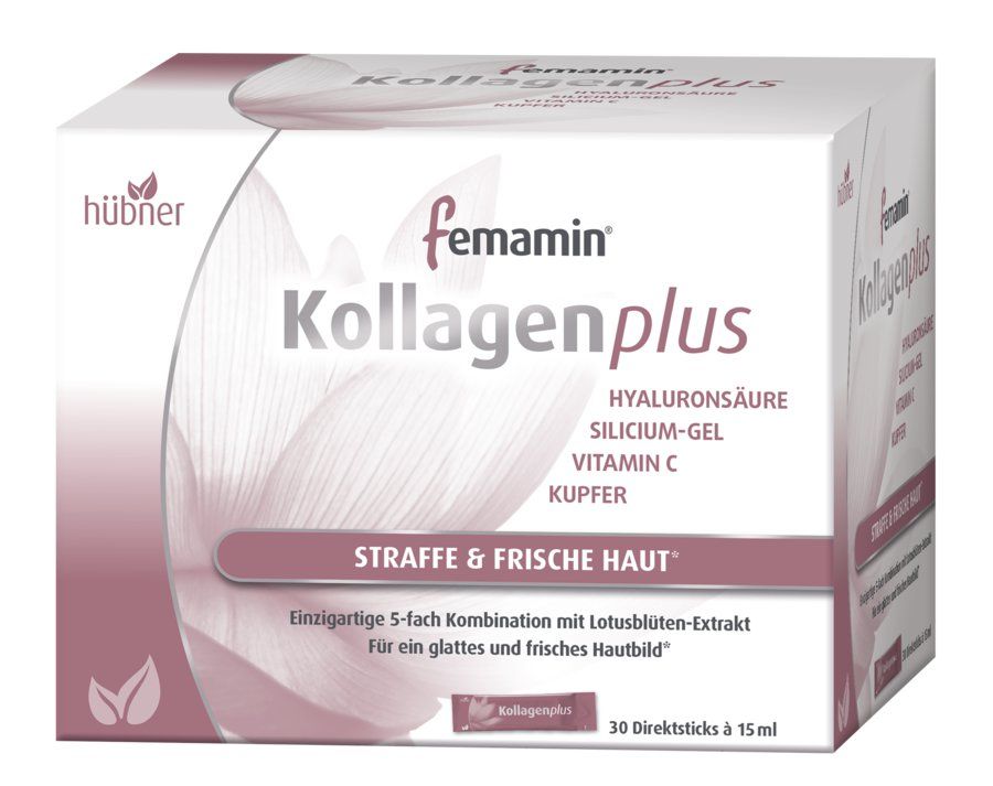 Karton mit femamin Kollagenplus. Aufschrift: Hyaluronsäure, Vitamin C, Kupfer. Text: Straffe & frische Haut. 30 Direktsticks.