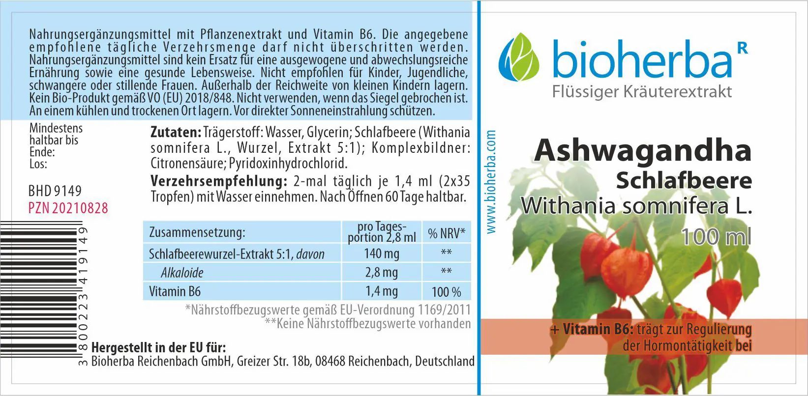 Etikett mit Produktinformationen. Bioherba Ashwagandha Schlafbeere Tropfen Tinktur. Zutaten, Dosierung, Nährwertangaben und Hersteller.