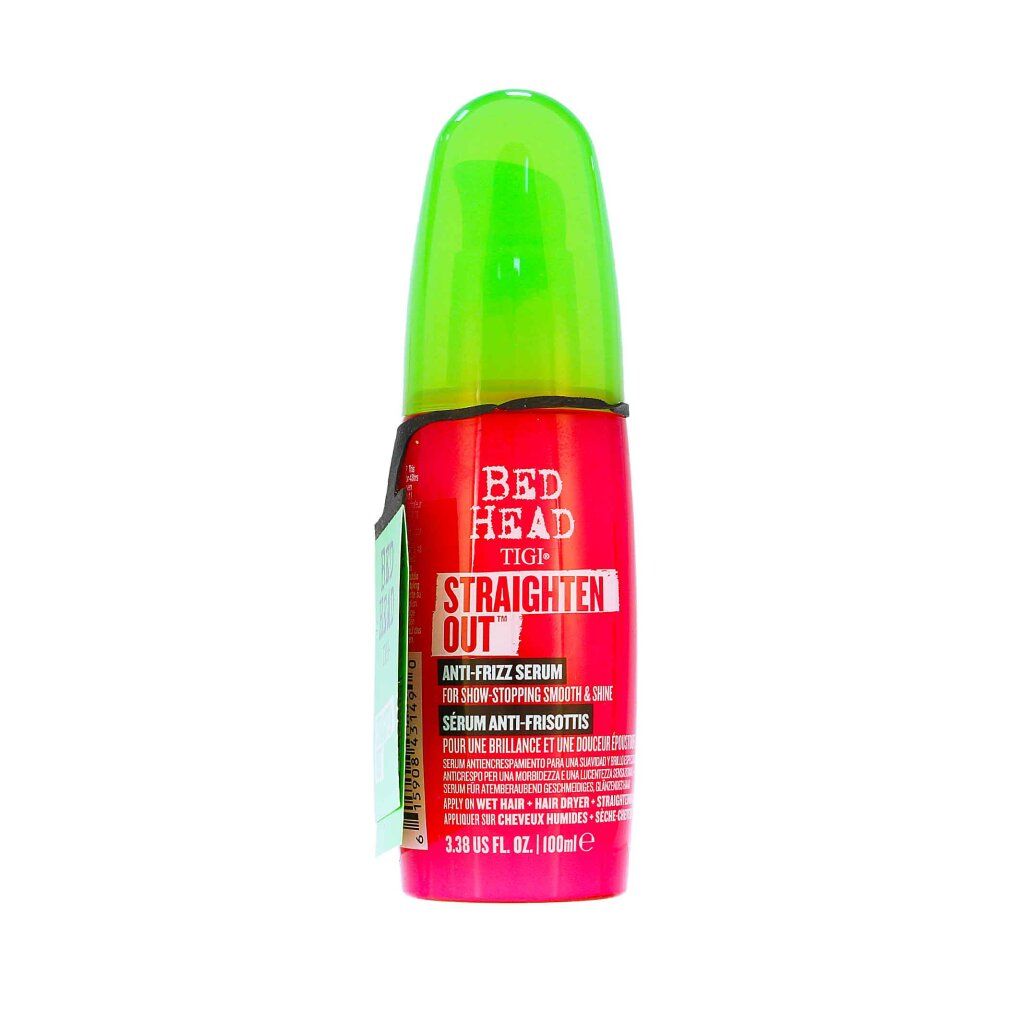 Rote Flasche mit grünem Deckel. Text: Bed Head TIGI Straighten Out Anti-Frizz Serum. Anhänger mit Text.