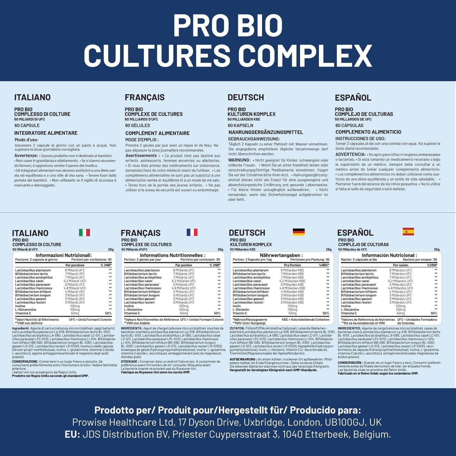 Produktinformationen in Deutsch, Italienisch, Französisch und Spanisch. Enthält Informationen zu Pro Bio Cultures Complex und Nährwertangaben.