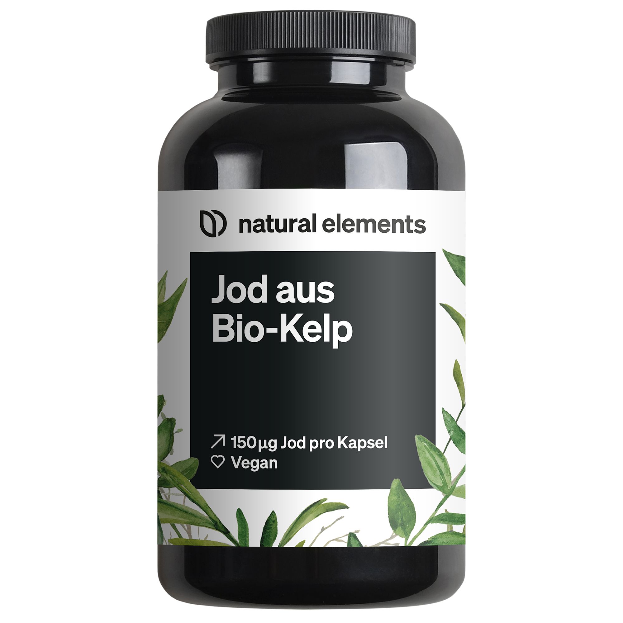 Schwarze Flasche mit weißem Etikett. Text: Jod aus Bio-Kelp, 150µg Jod pro Kapsel, vegan.