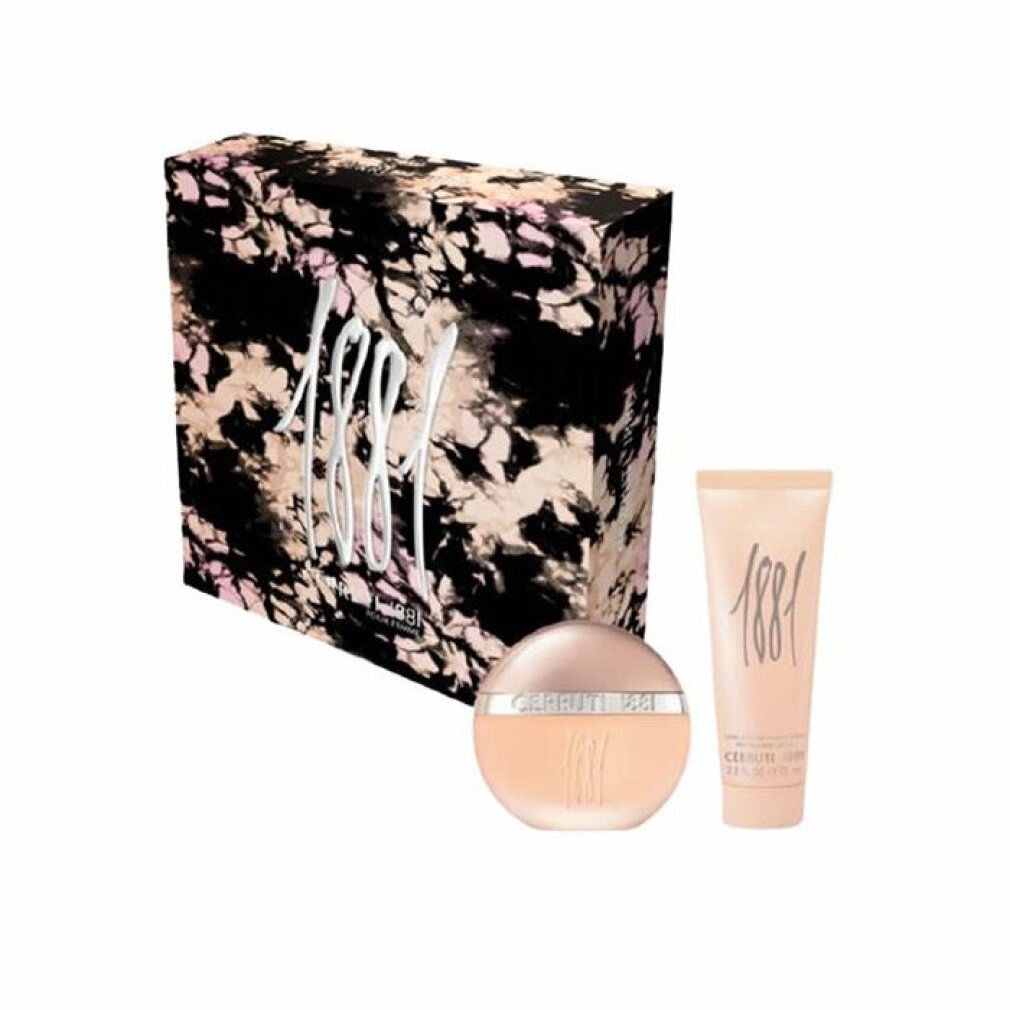 Geschenkset mit Parfümflakon, Körperlotion und Schachtel. Aufschrift "1881". Rosa und schwarze Verpackung.