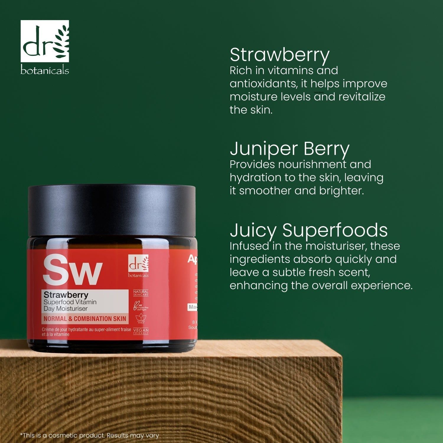 Creme-Dose mit schwarzem Deckel auf Holzblock. Aufschrift: Strawberry Superfood Vitamin C Day Moisturiser. Marke: Dr Botanicals. Text über Inhaltsstoffe.