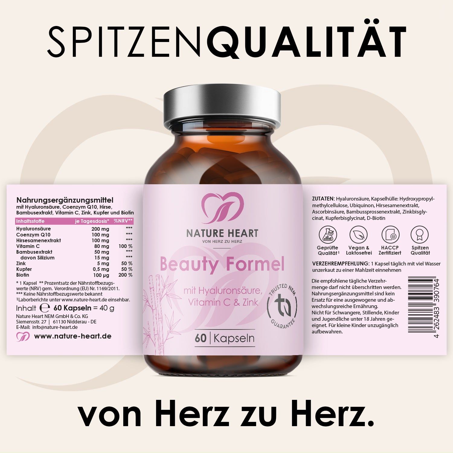 Flasche Nature Heart Beauty Formel (60 Kapseln) mit Nährwertangaben und Inhaltsstoffen. Enthält Hyaluronsäure, Vitamin C & Zink.