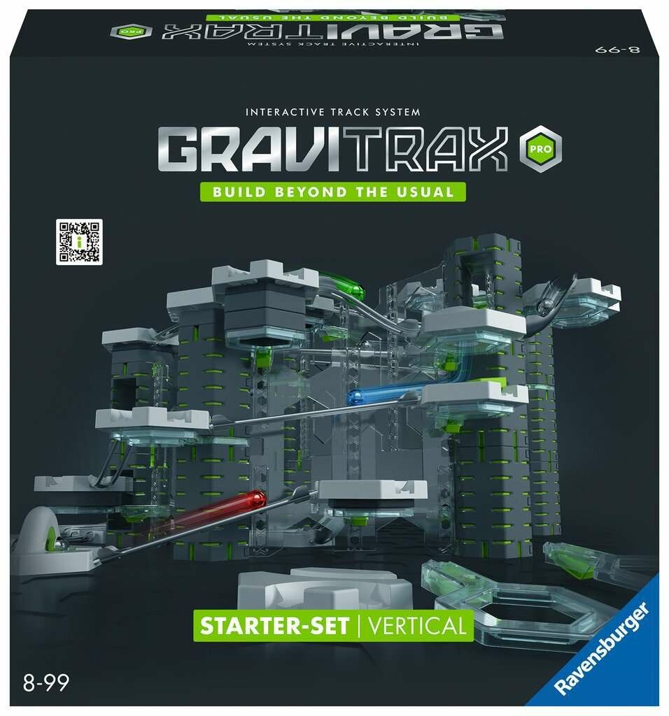 Verpackung des GraviTrax PRO Starter-Set Vertical. Schwarzer Hintergrund. Produktname und Logo deutlich sichtbar. Enthält Bauelemente und Kugeln.