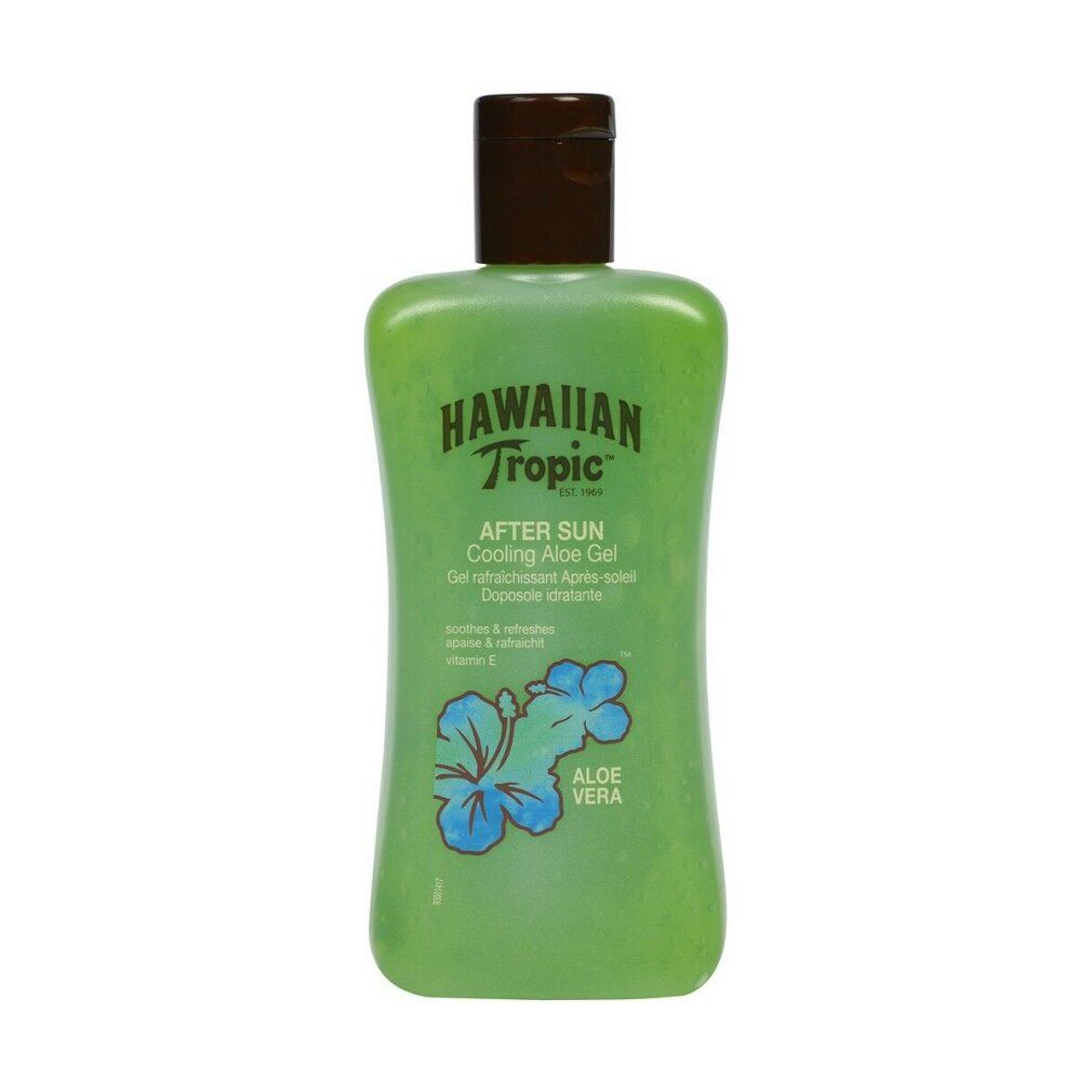Grüne Flasche Hawaiian Tropic After Sun Gel. Brauner Deckel. Aloe Vera-Logo. Klarer Hintergrund.