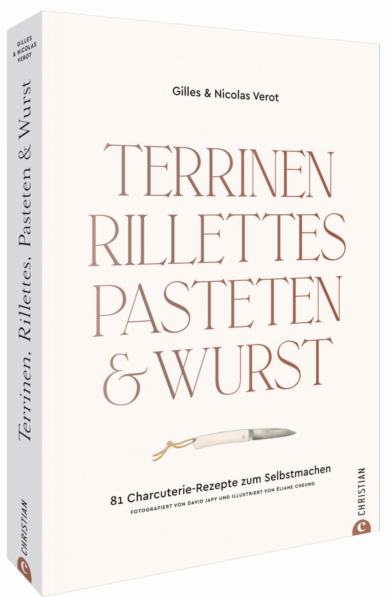 Buchcover mit Titel „Terrinen, Rillettes, Pasteten & Wurst“. Autoren: Gilles & Nicolas Verot. Verlag: Christian. Abbildung eines Messers.