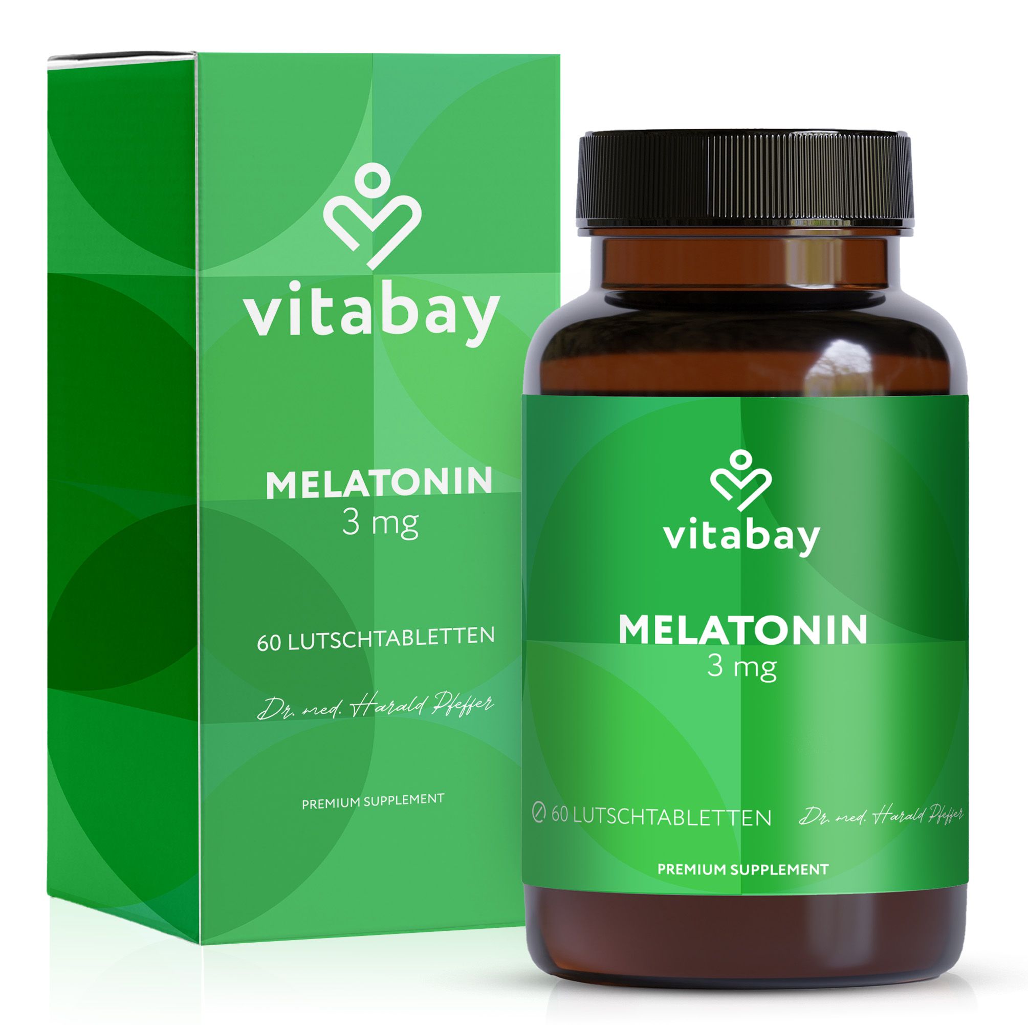 Grüne Schachtel und braune Flasche mit Vitabay Melatonin 3mg. 60 Lutschtabletten. Text: Dr. med. Harald Pfeffer. Premium Supplement.