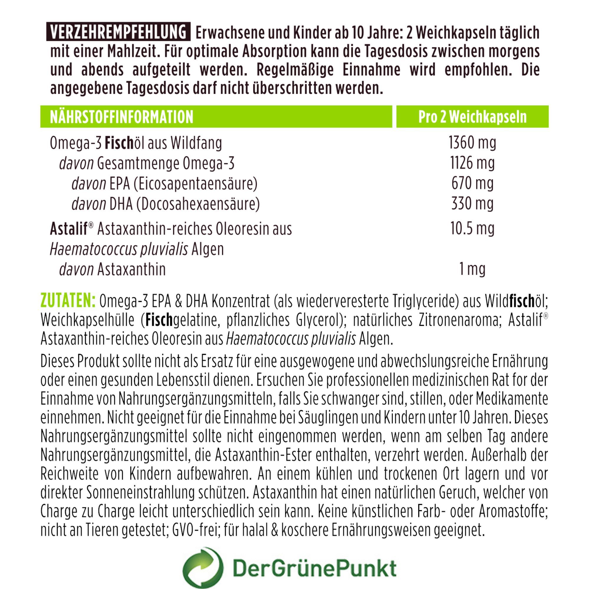 Nährwertangaben und Inhaltsstoffe: Omega-3-Fischöl, Astaxanthin aus Haematococcus Pluvialis. Der Grüne Punkt Logo.