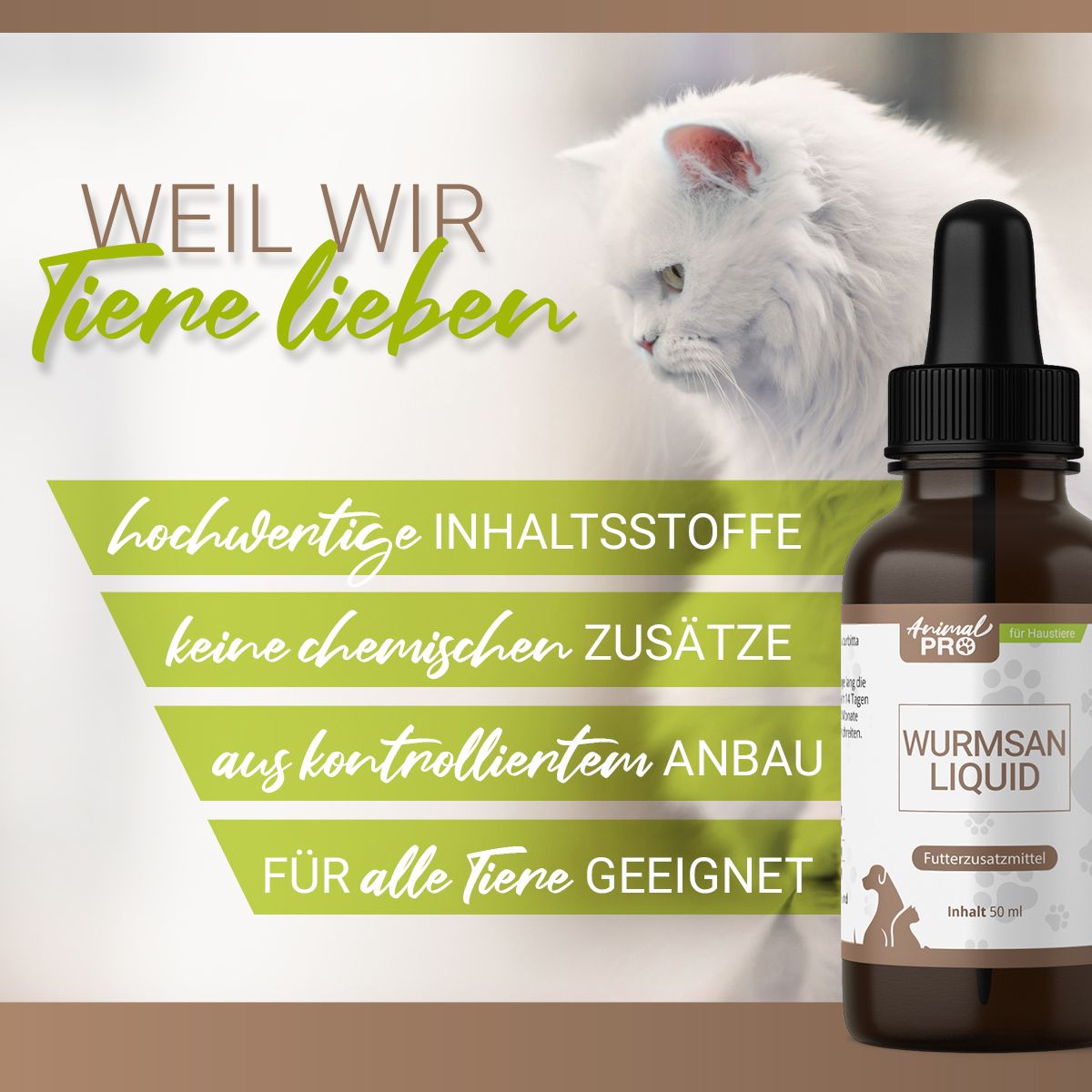 Produktflasche neben Katze. Aufschrift: Weil wir Tiere lieben. Hochwertige Inhaltsstoffe, keine chemischen Zusätze.