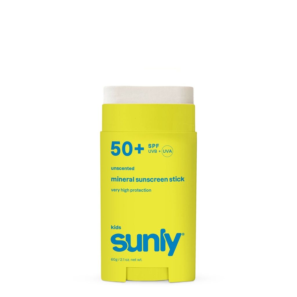 Gelber Sonnenschutzstift für Kinder mit LSF 50+, mineralisch, parfümfrei. Der Stift ist herausgedreht.