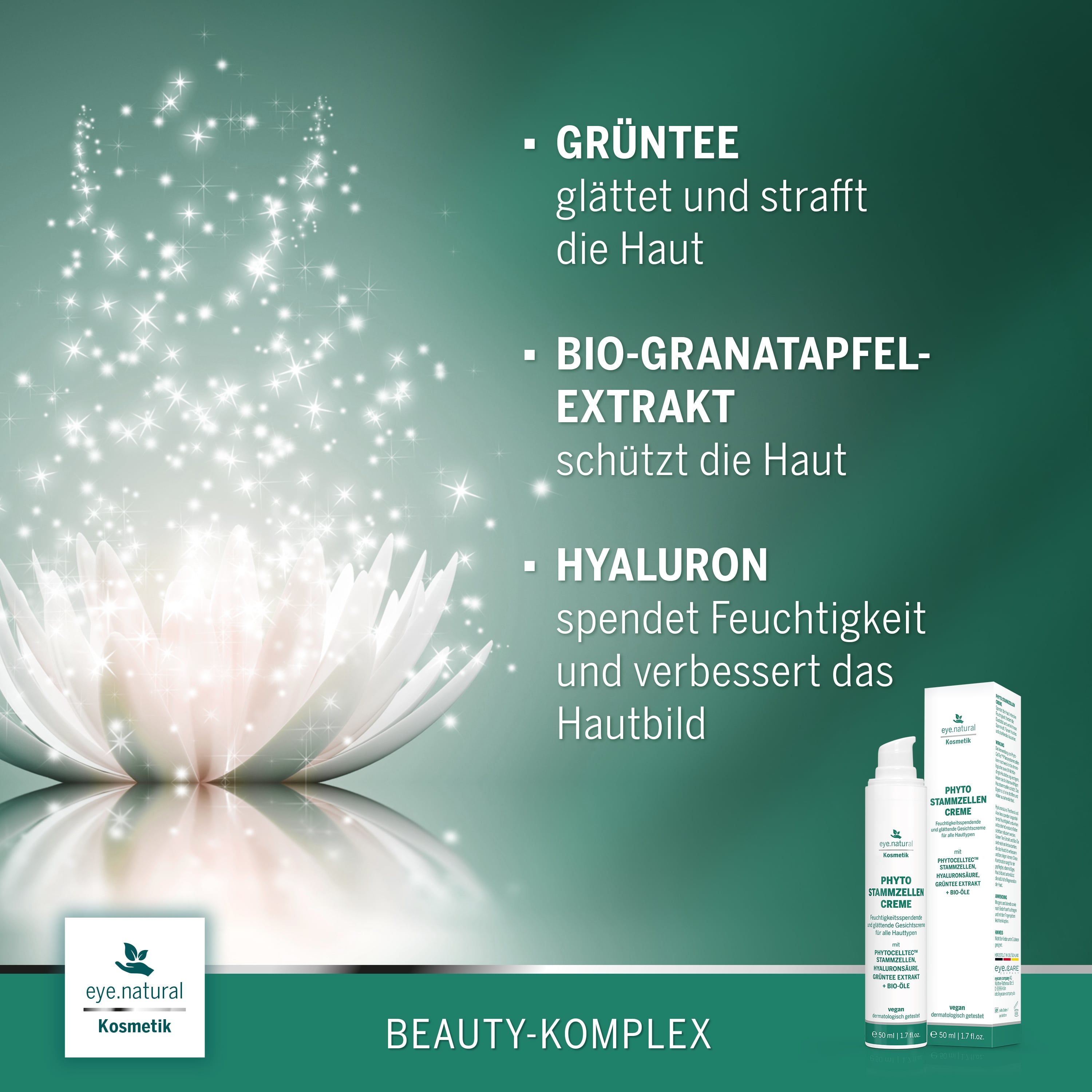 Produkt und Lotusblüte. Text: Grüntee, Bio-Granatapfelextrakt, Hyaluron. eye.natural Kosmetik. Produktverpackung.