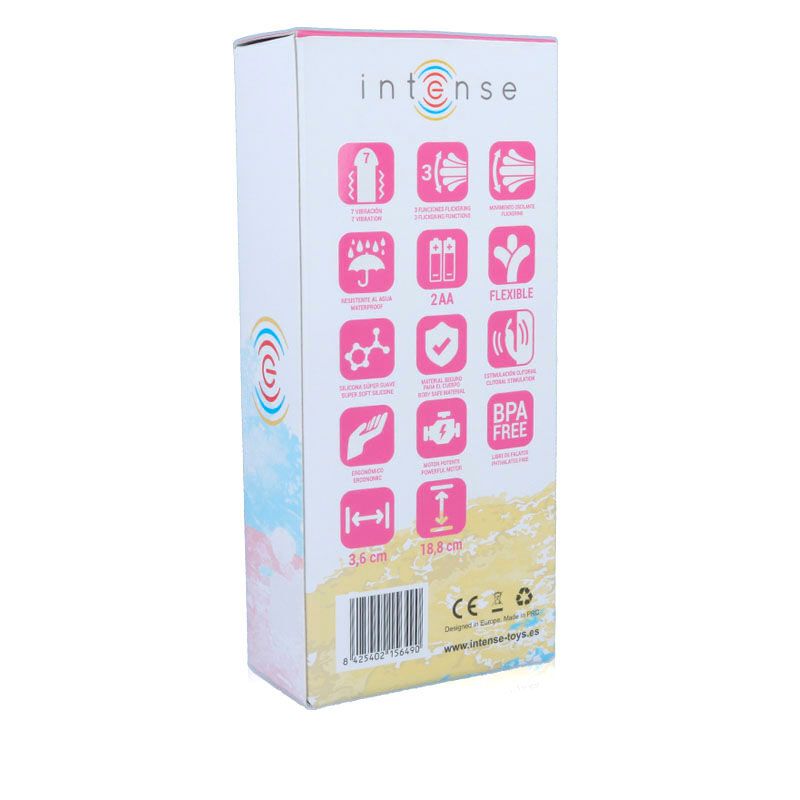 Rückseite der Verpackung mit Symbolen und Text. Enthält Informationen zu Funktionen und Zertifizierungen. Maße: 3,6 cm x 18,8 cm.