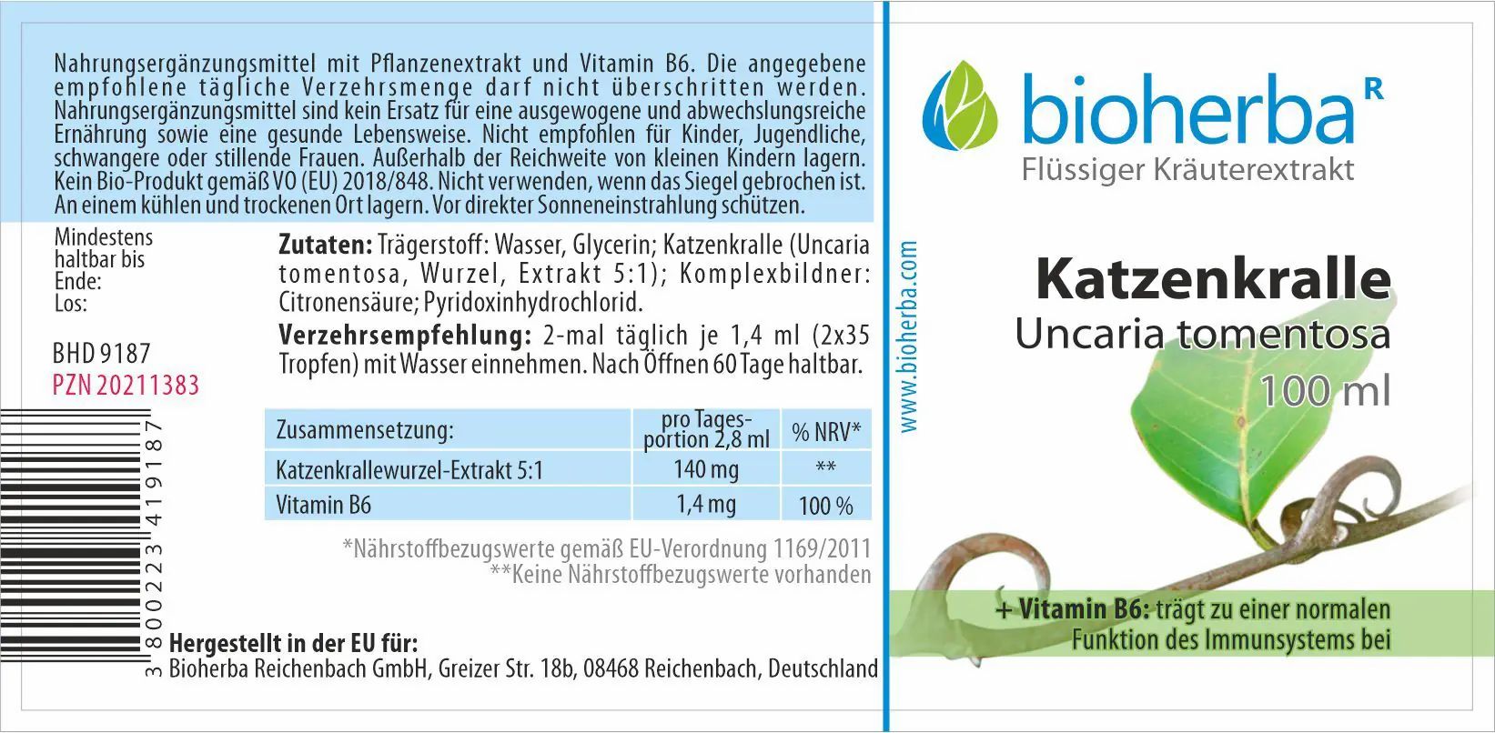 Braune Glasflasche mit schwarzem Deckel. Etikett mit Produktname, Marke und Inhaltsstoffen. Text in deutscher Sprache.